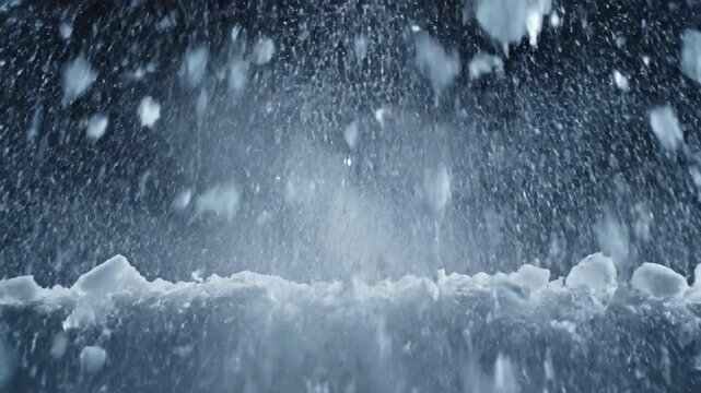 Dramatic slow-motion shot of a snowball exploding with white flakes flying against a dark background