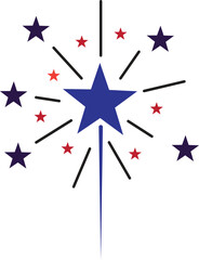 Starburst celebration icon with large blue star and festive red accents, modern holiday firework vector illustration for decoration and design