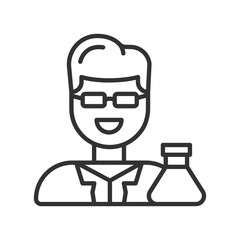 Male researcher icon in line design. male researcher, scientist professional, clinical investigator, study specialist on white background vector. Male researcher editable stroke icon
