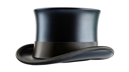 A classic black top hat isolated on a white background, an elegant cylinder headwear for a gentleman, a vintage fashion accessory with a ribbon, a magician costume object, a formal felt cap.