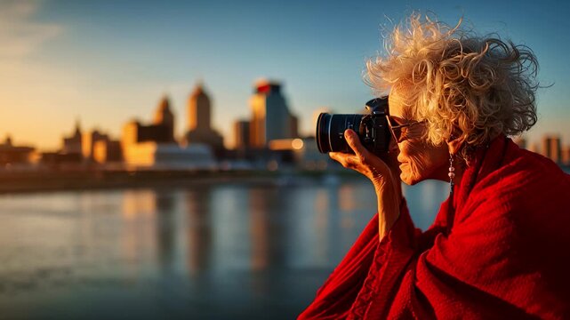 An elderly woman, wrapped in a vibrant red blanket, captures the beauty of a city skyline at sunset with her camera, showcasing the enjoyment of photography and urban scenery.