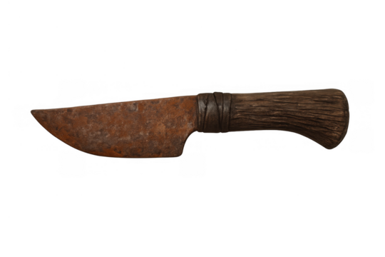 Rustic hunting knife featuring a corroded metal blade and a rough wood grip, evoking ancient tools and wilderness durability. Transparent background