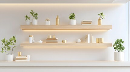 Interior scene featuring two illuminated wooden shelves adorned with minimalist arrangements of green potted plants sleek vases and stacked books creating a serene and organized home decor aesthetic
