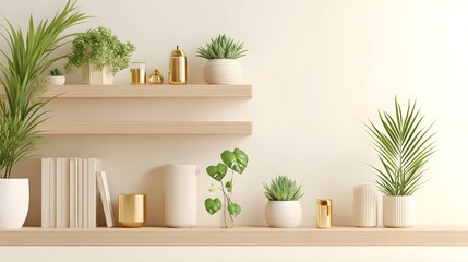 Minimalist arrangement of various green plants books and metallic gold accents on two light toned wooden shelves creating a chic and natural home decor aesthetic