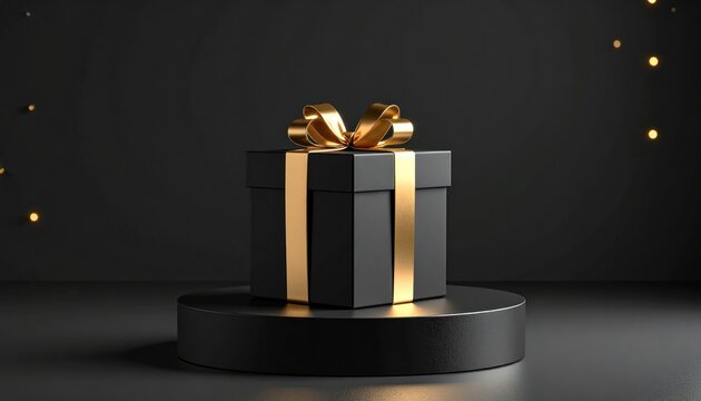 Luxury Black Gift Box with Gold Ribbon and Bokeh Lights