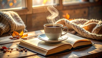 Steaming coffee sits atop an open book on a rustic wood table, with natural light from a window backdrop