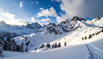 Snowy mountain range under a blue sky speckled with fluffy clouds, dotted with evergreen trees and a snowy path