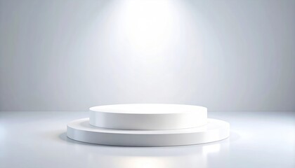 Minimalist white stage podium for product display with spotlight