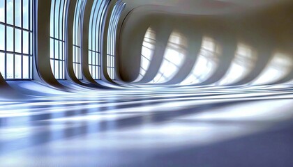 An abstract, futuristic interior space featuring curved walls and large windows, with light and shadow creating dynamic patterns.