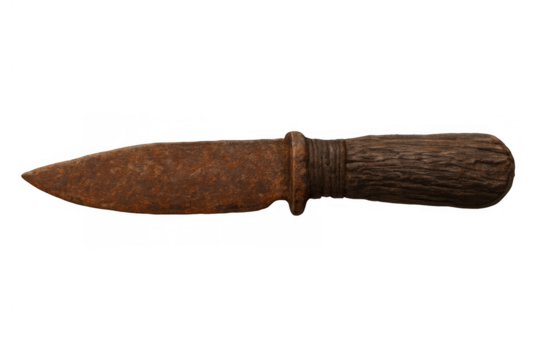 Old rusty blade with wooden handle creating a concept of primitive weapon, survival tools, historical artifacts