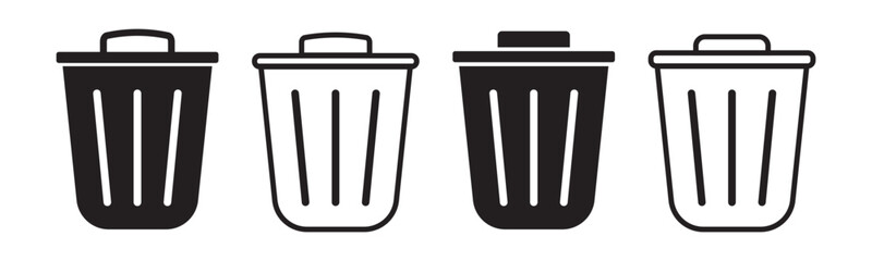 Set of trash bin icons including waste disposal, littering symbols, and recycle logos. Ideal for environment, waste management, and eco awareness designs. Icons, vector.