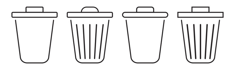 Set of trash bin icons including waste disposal, littering symbols, and recycle logos. Ideal for environment, waste management, and eco awareness designs. Icons, vector.