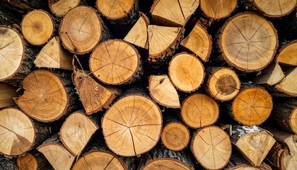 Stacked firewood logs fill frame, varied shapes, light brown wood, detailed wood grain, and dark bark