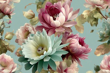 Fototapeta premium Chic and elegant seamless pattern with hylocereus undatus flowers and peonies on light blue background