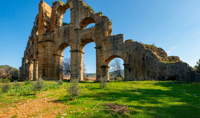 The Theatre and Aqueducts of the Ancient City of Aspendos is located in Southern Turkey, in the...