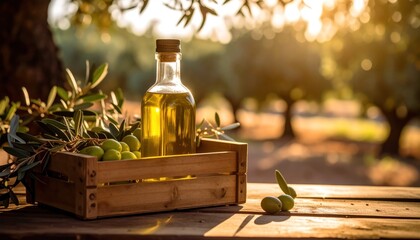 Organic Olive Oil in Wooden Crate with Fresh Olives at Sunset
