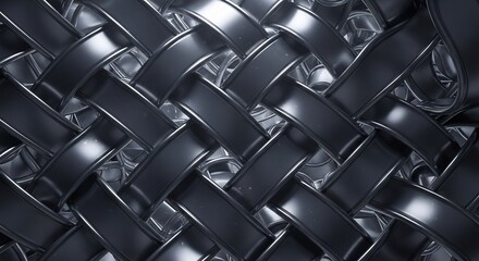 Closeup of interwoven dark metallic strips forming a shiny basketweave pattern with highlights