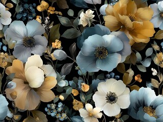 Fototapeta premium Chic and elegant seamless pattern with anemones and buttercups on vintage dark background