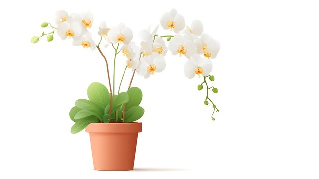 Fototapeta Elegant white orchid plant in a terracotta pot featuring lush green foliage and graceful blooms ideal for botanical and home decor themes