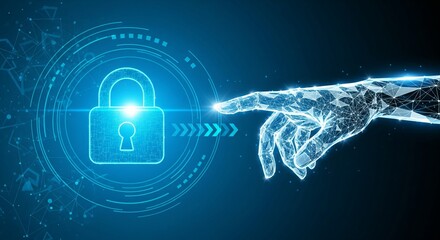 Digital hand touching glowing padlock for data security
