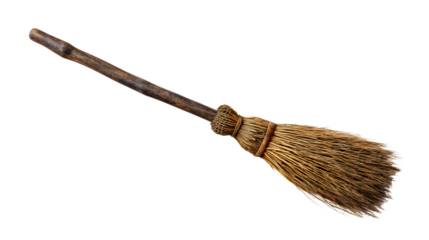 An old wooden broomstick isolated on a plain background, a classic witchcraft tool, a fantasy flying object for a witch, a traditional straw cleaning item, a simple Halloween symbol.