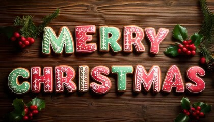 Festive Merry Christmas Cookie Lettering on Rustic Wooden Background
