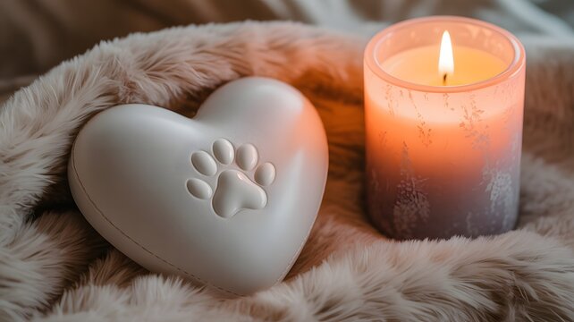 Heart-Shaped Memorial with Paw Print and Candle, Symbolizing Pet Loss, Remembrance, and Love for Animals