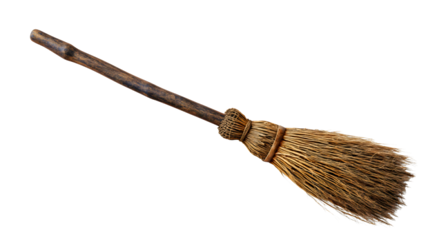 An old wooden broomstick isolated on a plain background, a classic witchcraft tool, a fantasy flying object for a witch, a traditional straw cleaning item, a simple Halloween symbol.