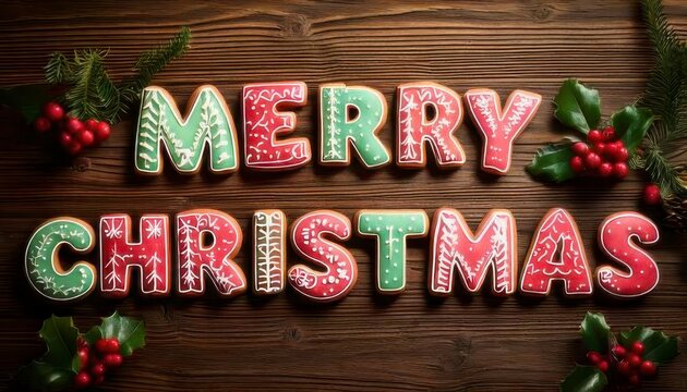 Festive Merry Christmas Cookie Lettering on Rustic Wooden Background - Powered by Adobe