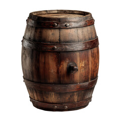 Obraz premium An old wooden barrel with metal bands and a spigot sits against a black background