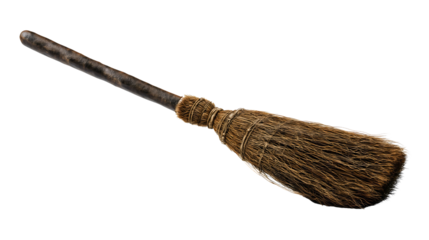 A rustic witch broom isolated on a white background, a traditional wooden besom for flying, a magic Halloween accessory, a vintage straw sweeper, a fantasy wizard prop for a costume.