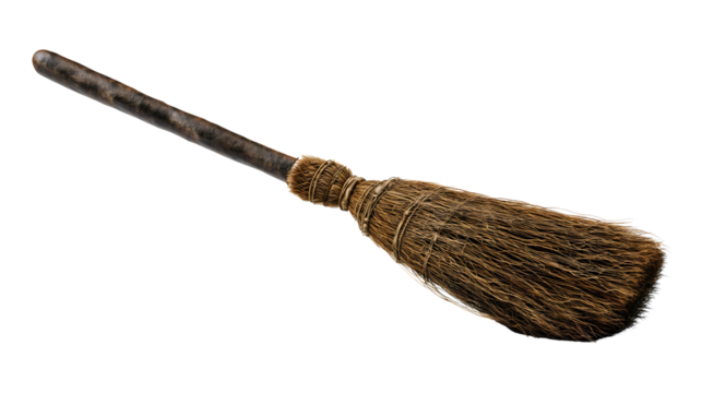 A rustic witch broom isolated on a white background, a traditional wooden besom for flying, a magic Halloween accessory, a vintage straw sweeper, a fantasy wizard prop for a costume.