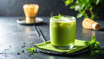 Refreshing Iced Matcha Latte with Mint and Bamboo Whisk