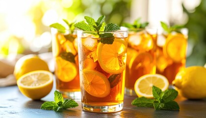 Refreshing Iced Tea with Lemon Slices and Mint in Sunlight
