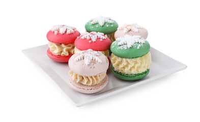 Festively decorated macarons isolated on white. Christmas treat