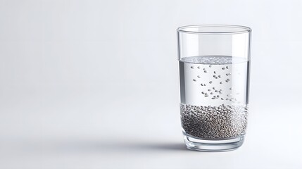 A glass of clear water contains a concent n of small grey granules at the bottom with many particles dispersed throughout the refreshing liquid illustrating hyd n or nutritional prepa n