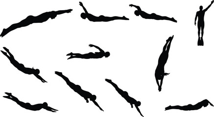 Silhouette, diving, sequence, athletic, motion, jump, water, sport, black, figure, pose, action, fluid, movement, splash, technique, midair, dive, body, form