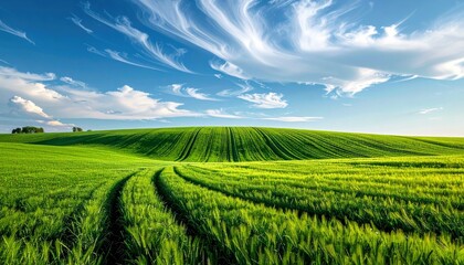 A vibrant green landscape with rolling hills, a clear blue sky, and a path winding through a field of crops.