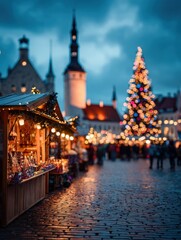 Fototapeta premium holidays sale and retail concept evening christmas market at old town hall square in tallinn bokeh no logos no brands ar 34