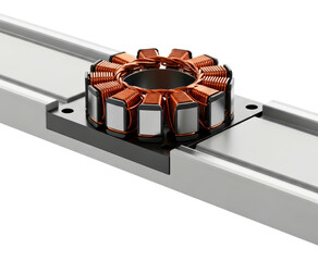 Linear electric motor forcer with electromagnetic copper windings on a transparent background