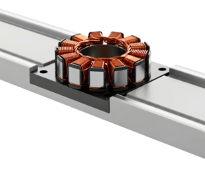 Linear electric motor forcer with electromagnetic copper windings on a transparent background