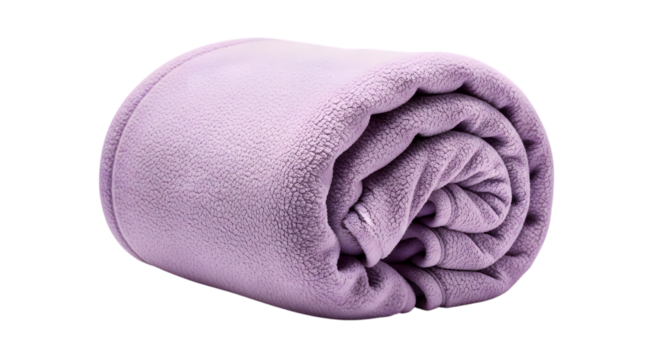 Rolled up soft purple fleece blanket with textured surface isolated on a transparent background lavender