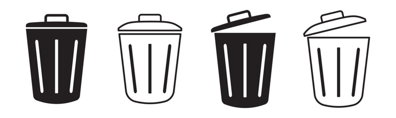Set of trash bin icons including waste disposal, littering symbols, and recycle logos. Ideal for environment, waste management, and eco awareness designs. Icons, vector.