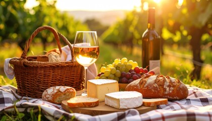 Wine Picnic at Sunset in Vineyard: Cheese, Bread, Grapes, and Wine