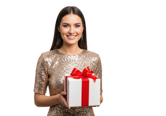 Fototapeta premium Smiling woman in sequined dress holding a gift, isolated on transparent background