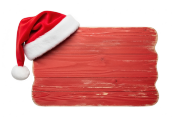 Red wooden christmas sign with santa hat isolated on transparent background