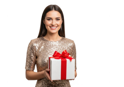 Smiling woman in sequined dress holding a gift, isolated on transparent background
