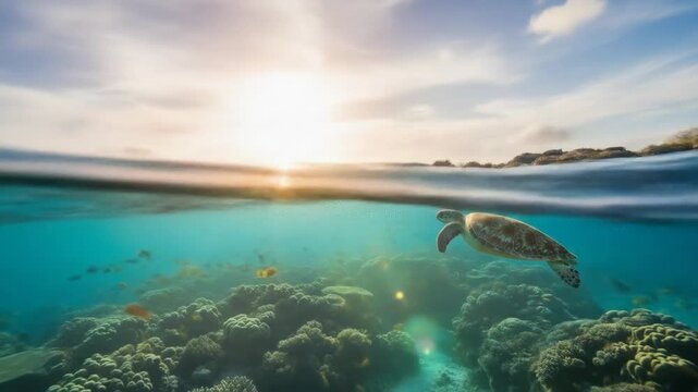 Underwater scene showcasing a sea turtle swimming above vibrant coral reefs with a sunset sky in the background
