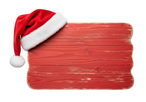 Red wooden christmas sign with santa hat isolated on transparent background
