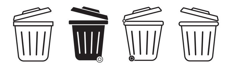 Set of trash bin icons including waste disposal, littering symbols, and recycle logos. Ideal for environment, waste management, and eco awareness designs. Icons, vector.